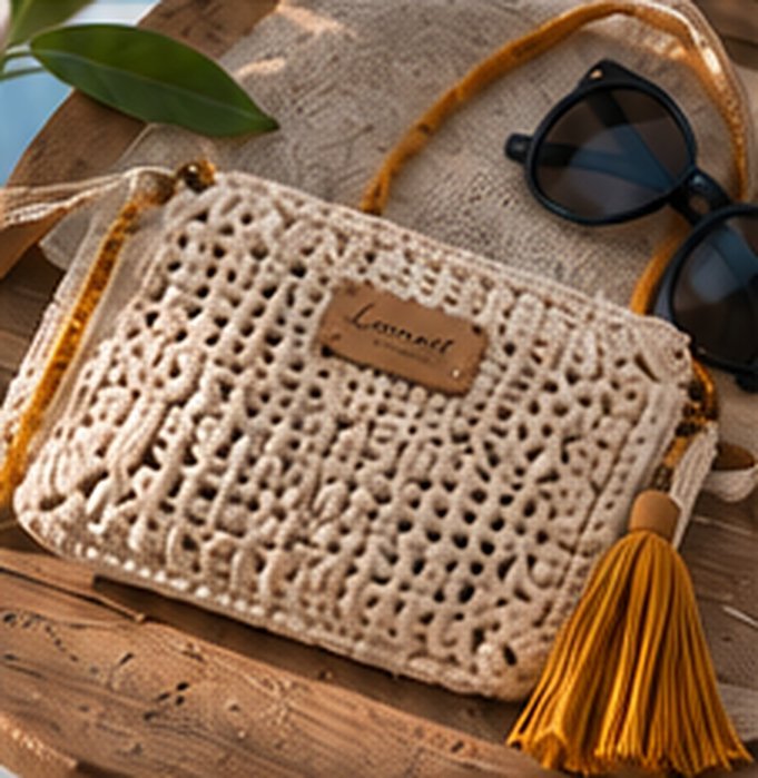 Pochette en crochet écru avec pompon jaune