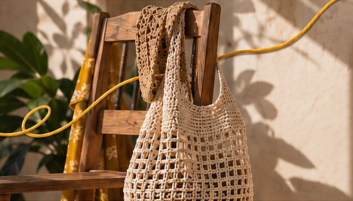 Sac filet en crochet écru suspendu à une chaise en bois, au soleil