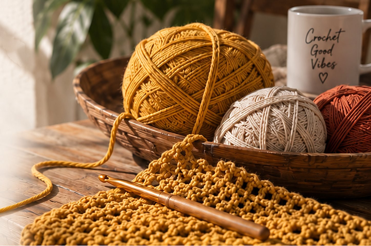 Atelier de crochet : pelotes de coton et ouvrage en cours